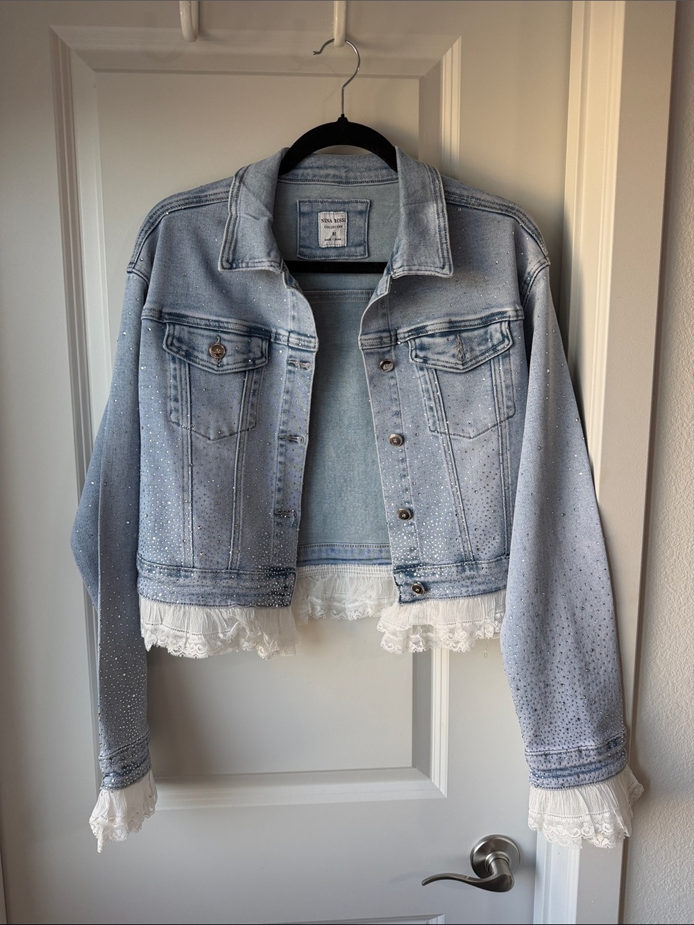 Embellished Light Blue Denim Jacket with Lace Trim